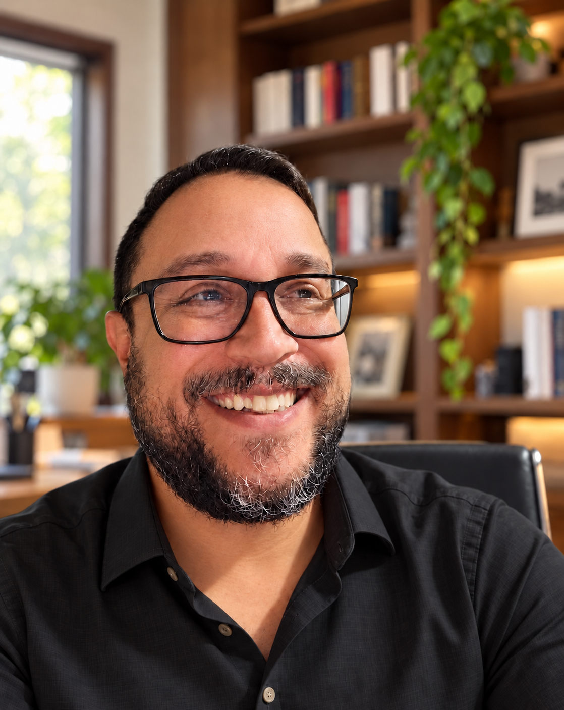 Fernando Rodrigues Fernandez, professor de inglês, sorrindo em um ambiente com livros e plantas.