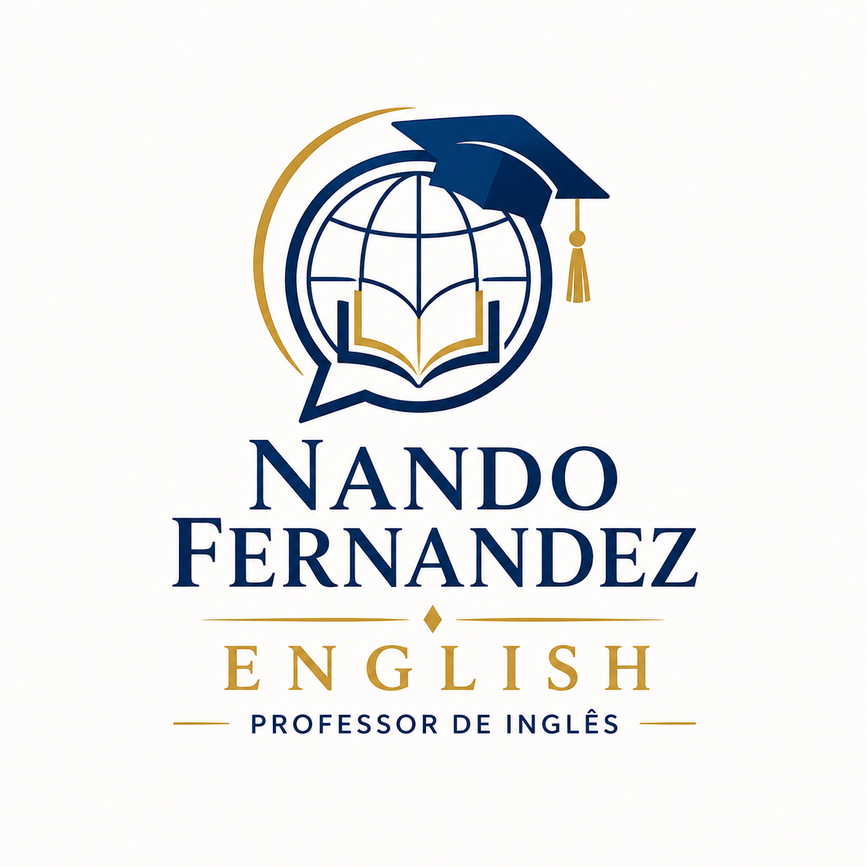 Nando Fernandez English — Professor de Inglês. Símbolo de um globo, livro e capelo em azul-marinho e dourado.